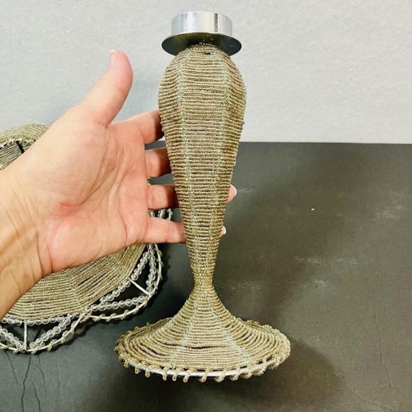 Beaded Tea Light Candle Holder Lamp and Shade Champagne Color Beads EUC - Picture 6 of 7